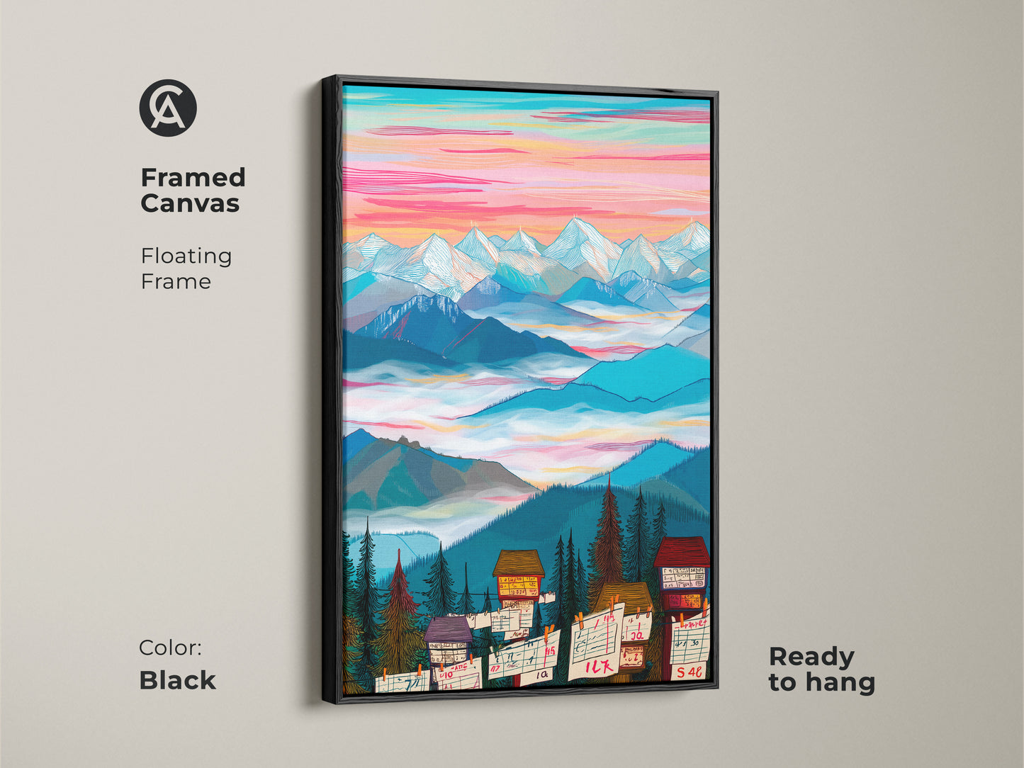 Framed canvas art print showing a mountain cabin scene with a black floating frame. This modern folk art piece is ready to hang. Its colorful sky and detailed landscape enhance any space.