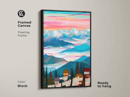 Framed canvas art print showing a mountain cabin scene with a black floating frame. This modern folk art piece is ready to hang. Its colorful sky and detailed landscape enhance any space.