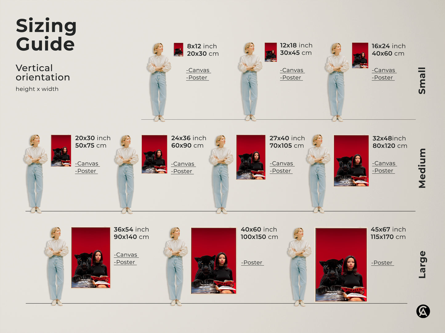 Sizing guide for the surreal black panther and woman reading art print. Visualize canvas and poster sizes. Find the perfect fit for your eclectic office wall decor or as a unique home art gift.