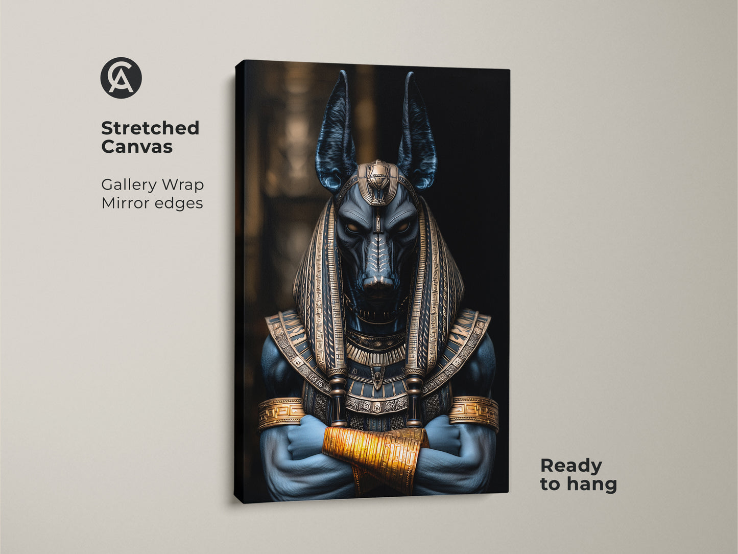 Stretched canvas print of Anubis the Egyptian Jackal God. Gallery wrap with mirror edges. Ready to hang. Dark fantasy wall decor in a deep blue and gold color. Ideal for mythology lovers and those who want an eclectic home decor style or shelf decor for study.