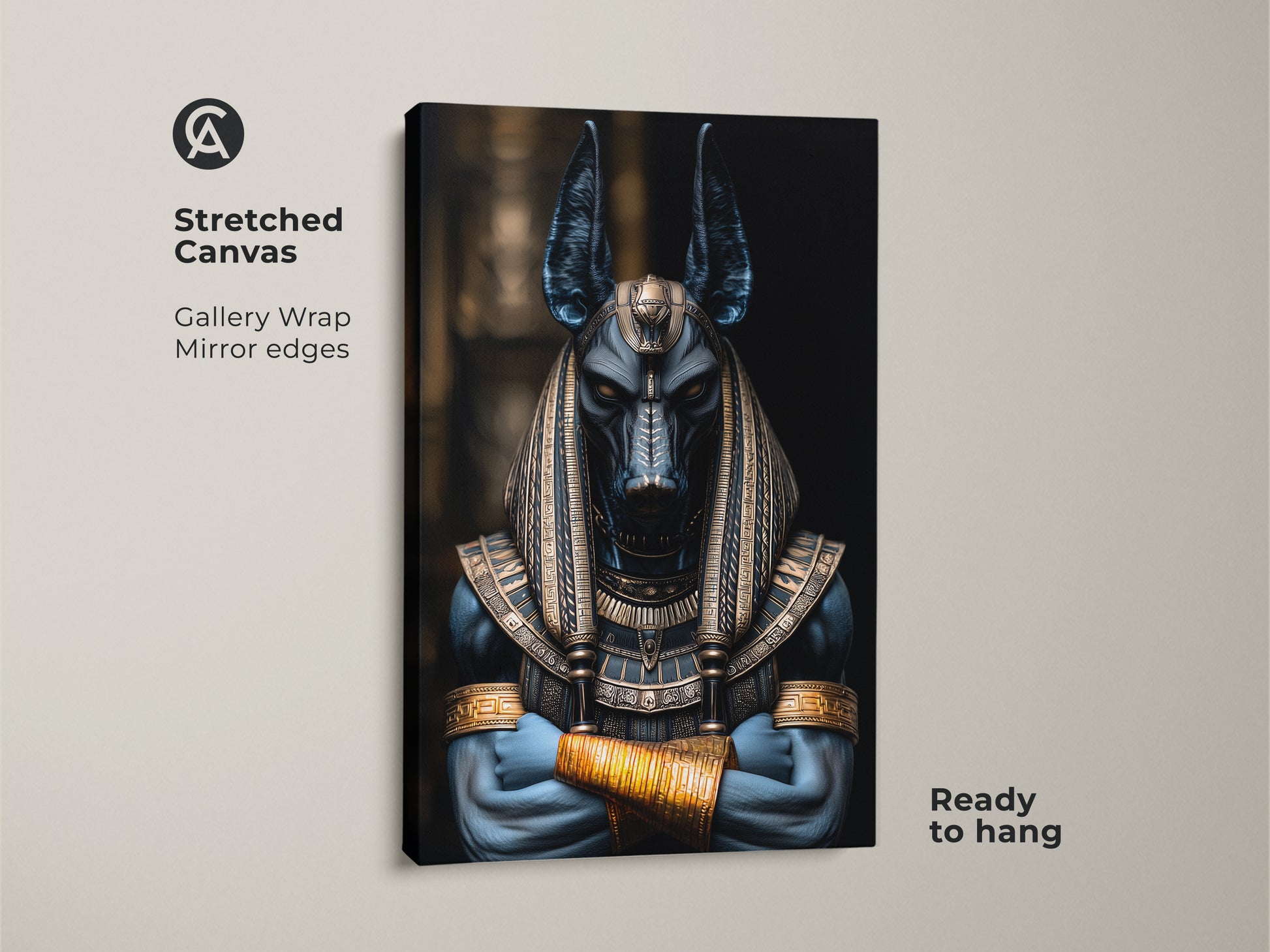 Stretched canvas print of Anubis the Egyptian Jackal God. Gallery wrap with mirror edges. Ready to hang. Dark fantasy wall decor in a deep blue and gold color. Ideal for mythology lovers and those who want an eclectic home decor style or shelf decor for study.