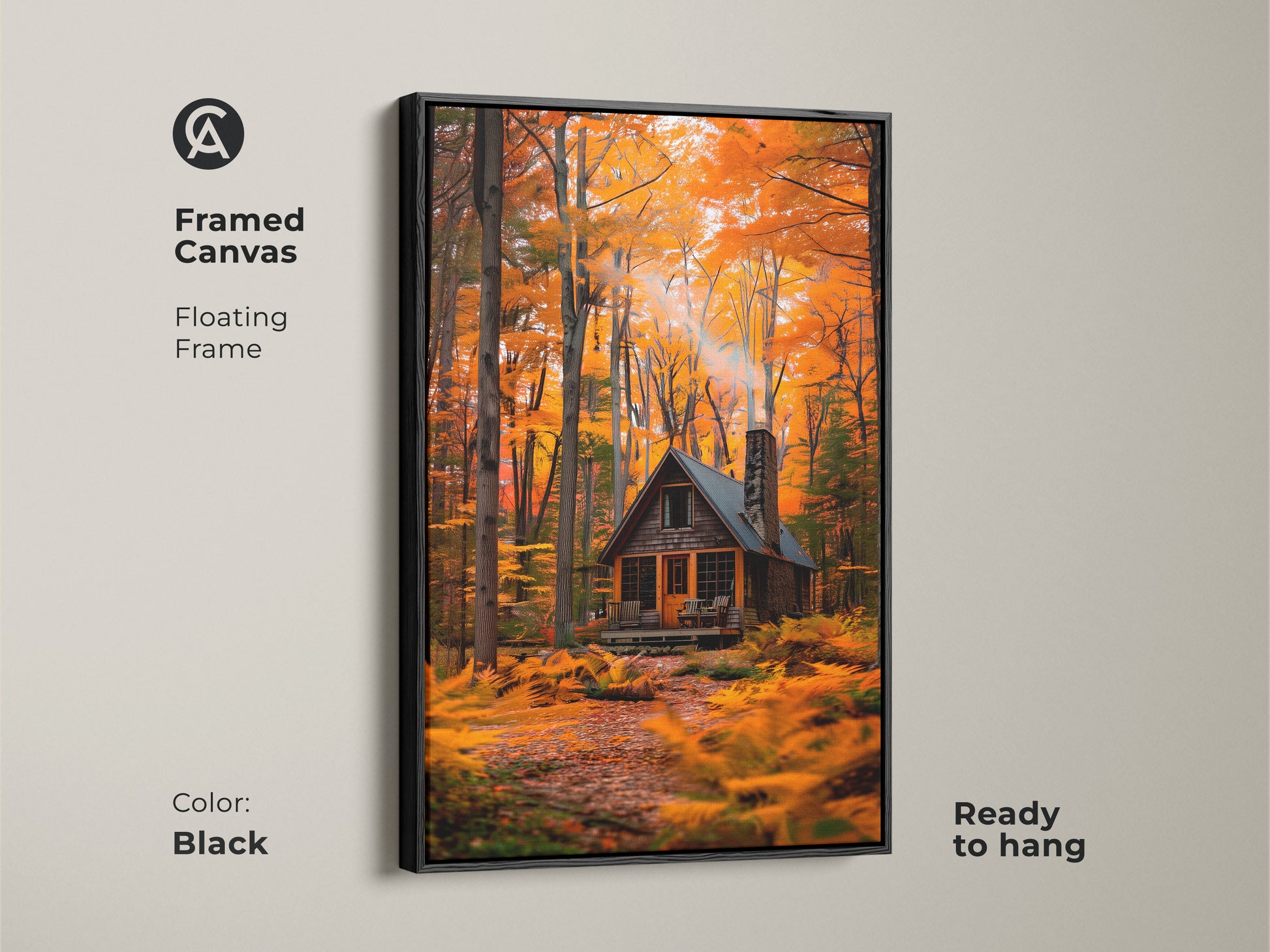 Framed canvas art of a cabin in the woods during autumn. This floating frame is black and ready to hang. This cabin artwork creates a cozy atmosphere. Elevate your space with framed fine art today.