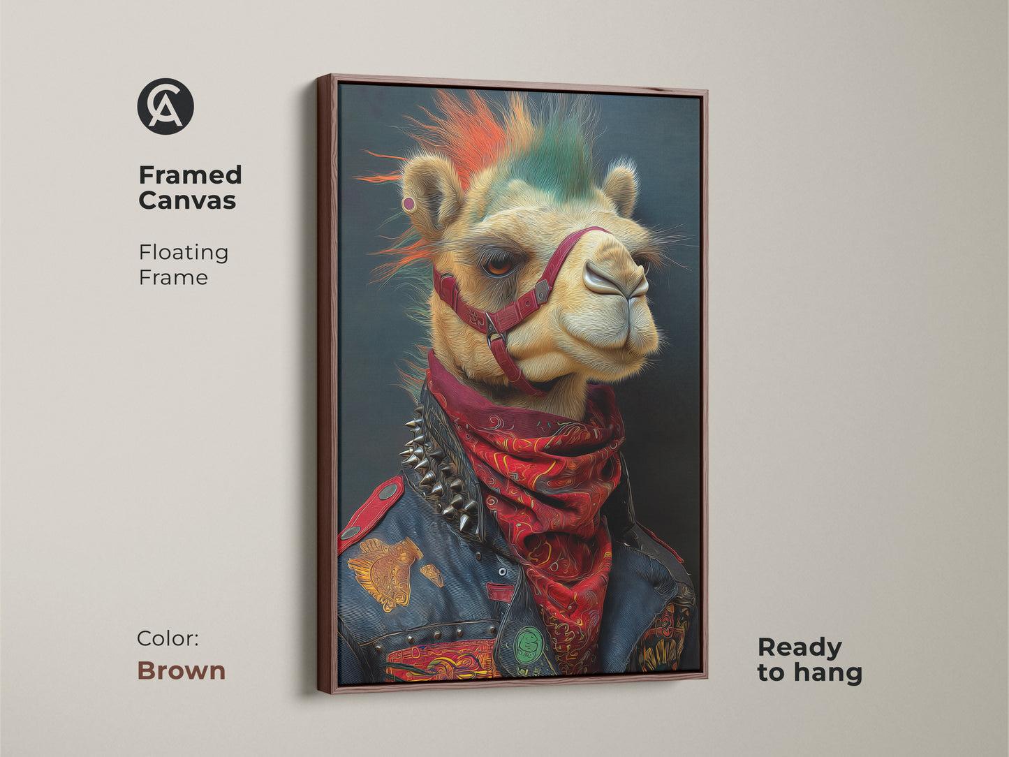 This brown framed canvas features a punk camel. Complete with a mohawk and studded jacket. The floating frame enhances the animal art. This rocker animal art adds an edgy touch to your decor. A great office gift for punk rock fans. Ready to hang for easy setup in any space.