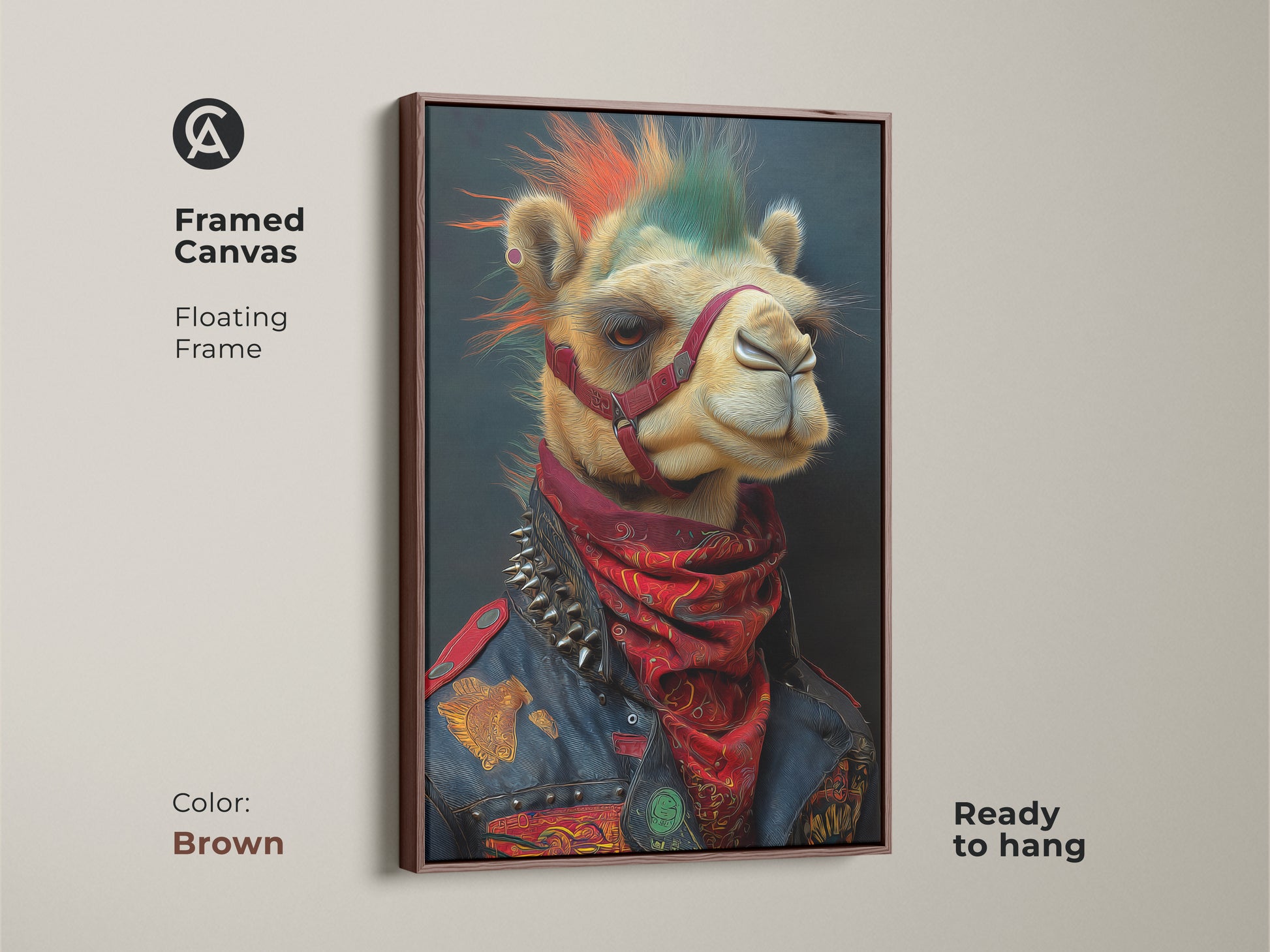 This brown framed canvas features a punk camel. Complete with a mohawk and studded jacket. The floating frame enhances the animal art. This rocker animal art adds an edgy touch to your decor. A great office gift for punk rock fans. Ready to hang for easy setup in any space.