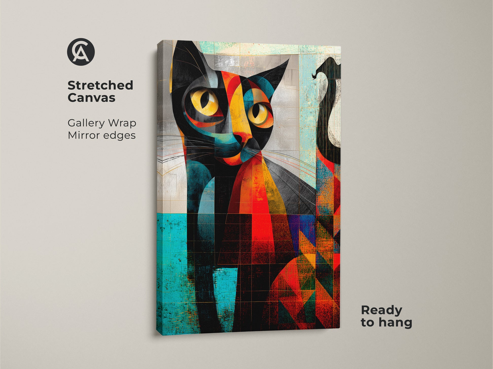 A stretched canvas displays modern cat artwork with gallery wrapped mirror edges. The abstract geometric cat wall art features orange teal and yellow hues. Ready to hang this piece is perfect for eclectic home decor. A unique gift for cat parents.