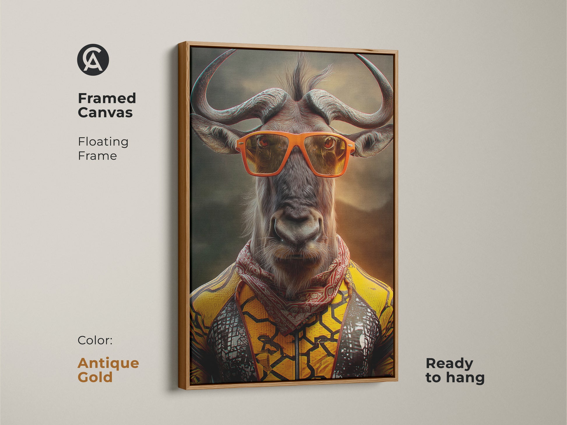 Framed canvas of a wildebeest art print with an antique gold floating frame. This surreal animal canvas features a wildebeest with orange sunglasses. Ready to hang eclectic bedroom decor. A statement animal art is perfect for home office wall art.
