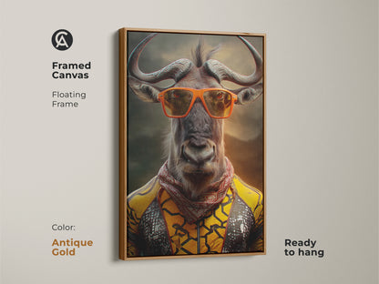 Framed canvas of a wildebeest art print with an antique gold floating frame. This surreal animal canvas features a wildebeest with orange sunglasses. Ready to hang eclectic bedroom decor. A statement animal art is perfect for home office wall art.