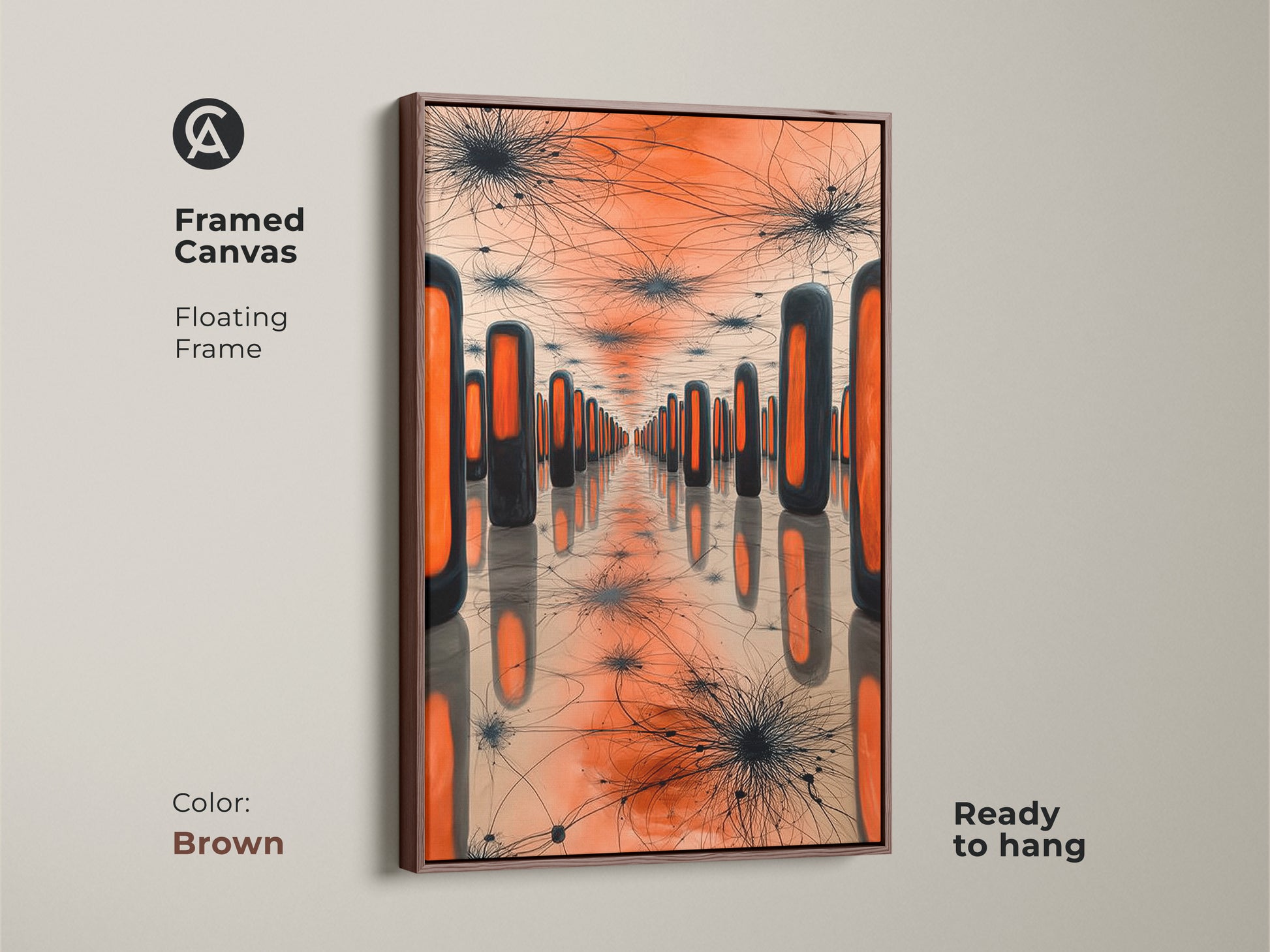 Framed geometric art print with a brown floating frame. This surreal canvas features orange and black abstract rectangles. Ideal for adding a bold and modern touch to any home or office space wall.