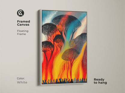 White framed canvas featuring abstract trees. Flame inspired red orange yellow art is ready to hang. Expressionist nature canvas brings a modern touch to eclectic home decor.