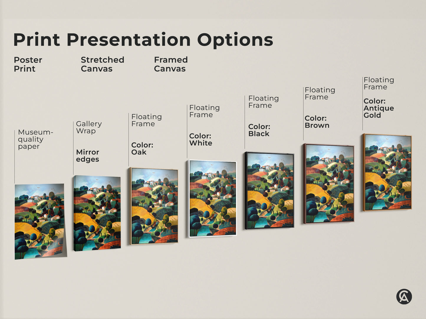 Explore print presentation options. See poster prints stretched canvas and framed canvas options. Choose museum quality paper or gallery wrap. Select floating frames in oak white black brown or antique gold. Find the perfect presentation for your countryside village landscape art.
