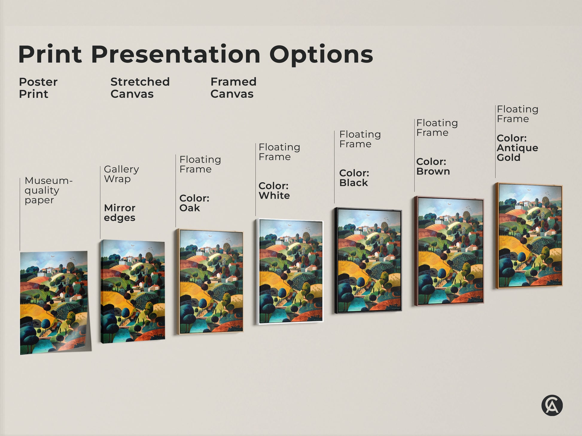 Explore print presentation options. See poster prints stretched canvas and framed canvas options. Choose museum quality paper or gallery wrap. Select floating frames in oak white black brown or antique gold. Find the perfect presentation for your countryside village landscape art.
