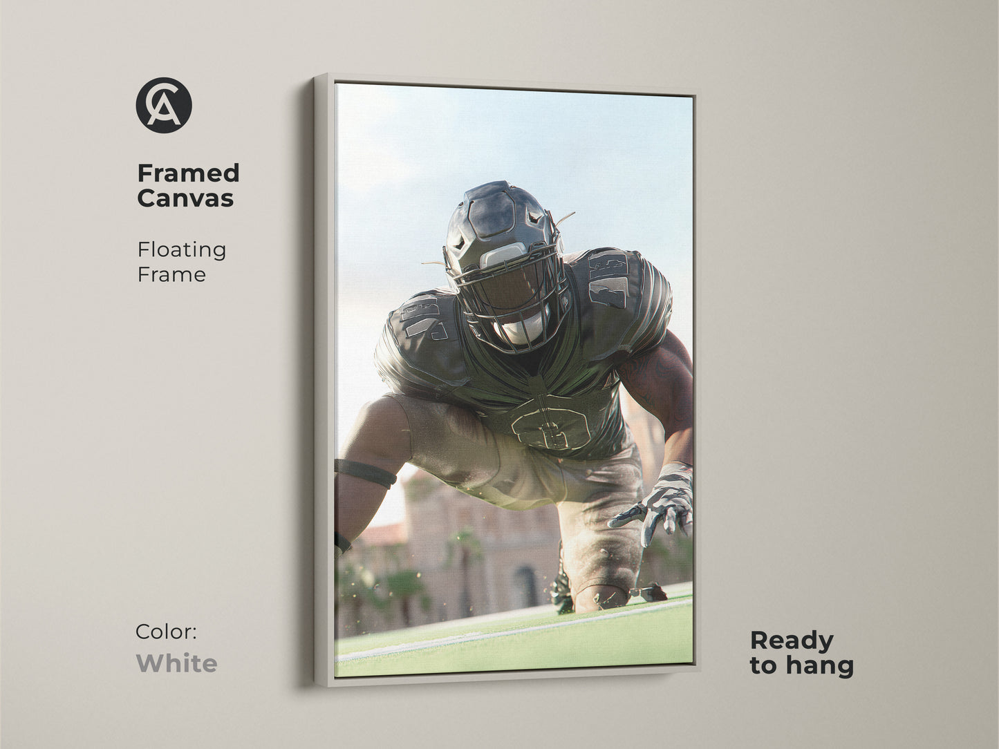 Framed Canvas with a White Frame showcasing an American Football Player. This realistic sports artwork is ready to hang. Ideal for a man cave or office adding a touch of competitive energy. A thoughtful gift for sports fans and football enthusiasts.