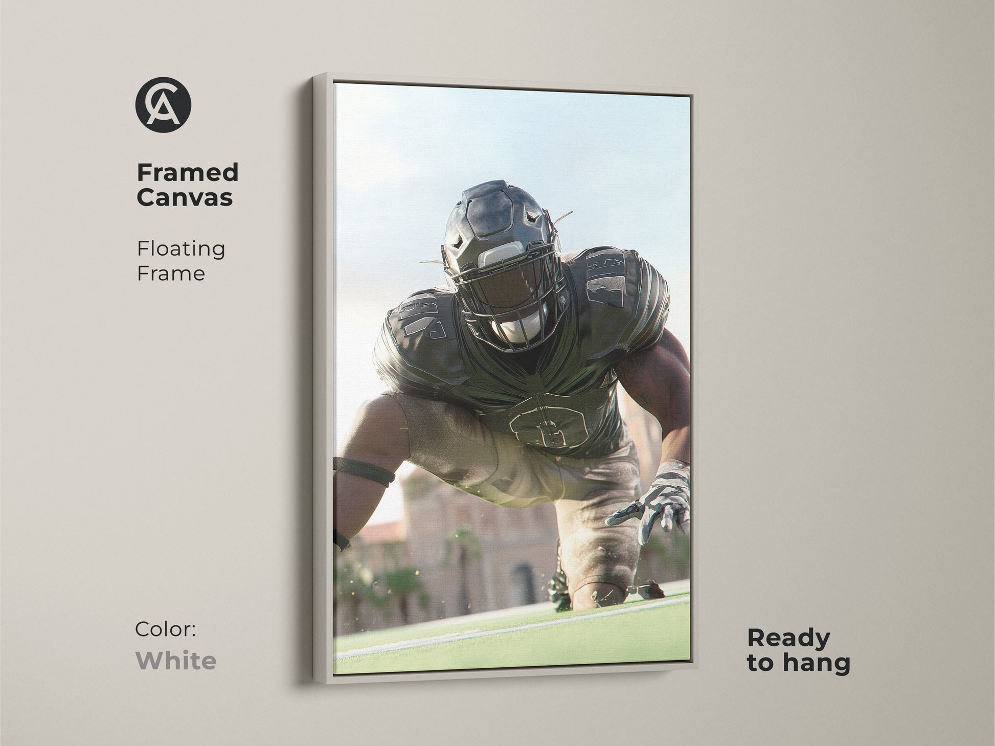 Framed Canvas with a White Frame showcasing an American Football Player. This realistic sports artwork is ready to hang. Ideal for a man cave or office adding a touch of competitive energy. A thoughtful gift for sports fans and football enthusiasts.
