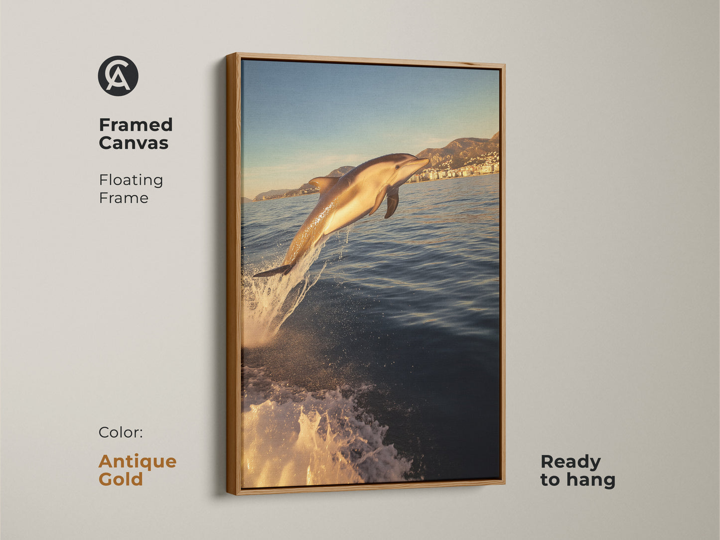 Framed canvas art with an antique gold floating frame showing a dolphin leaping. Ready to hang and perfect for coastal decor. The artwork features a dolphin jumping from the ocean waves. Bathed in golden yellow sunlight it adds a dynamic focal point to any room.