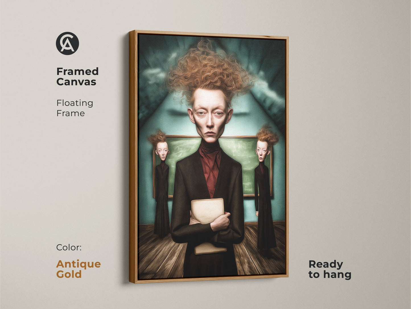 Framed canvas showcases a surrealist portrait. It has a floating antique gold frame. The Gothic figure canvas print enhances study room decor. This dark academia art suits eclectic living rooms. Ready to hang.