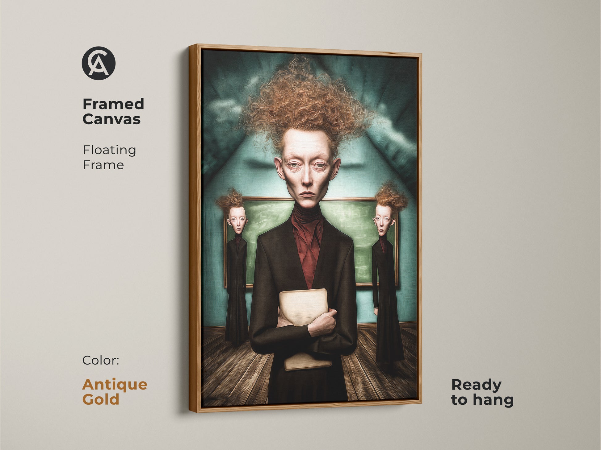 Framed canvas showcases a surrealist portrait. It has a floating antique gold frame. The Gothic figure canvas print enhances study room decor. This dark academia art suits eclectic living rooms. Ready to hang.