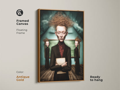 Framed canvas showcases a surrealist portrait. It has a floating antique gold frame. The Gothic figure canvas print enhances study room decor. This dark academia art suits eclectic living rooms. Ready to hang.