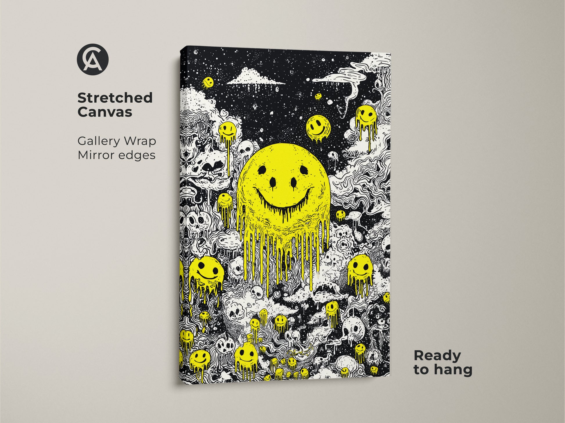 Stretched canvas artwork showcasing a dripping smiley face with skulls. The gallery wrap has mirrored edges. Ready to hang this canvas adds an edgy vibe to your home decor. The black and white art with yellow smiley faces creates a bold statement. Perfect for modern art enthusiasts.