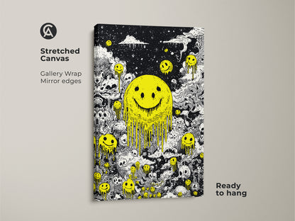 Stretched canvas artwork showcasing a dripping smiley face with skulls. The gallery wrap has mirrored edges. Ready to hang this canvas adds an edgy vibe to your home decor. The black and white art with yellow smiley faces creates a bold statement. Perfect for modern art enthusiasts.
