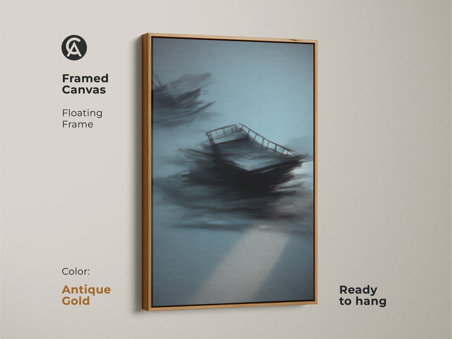 Antique gold framed canvas showcasing teal abstract artwork. The minimalist sailboat nautical wall art is ready to hang. Modern coastal decor. Perfect for bedrooms or waterfront homes. Adds a touch of calm blue.