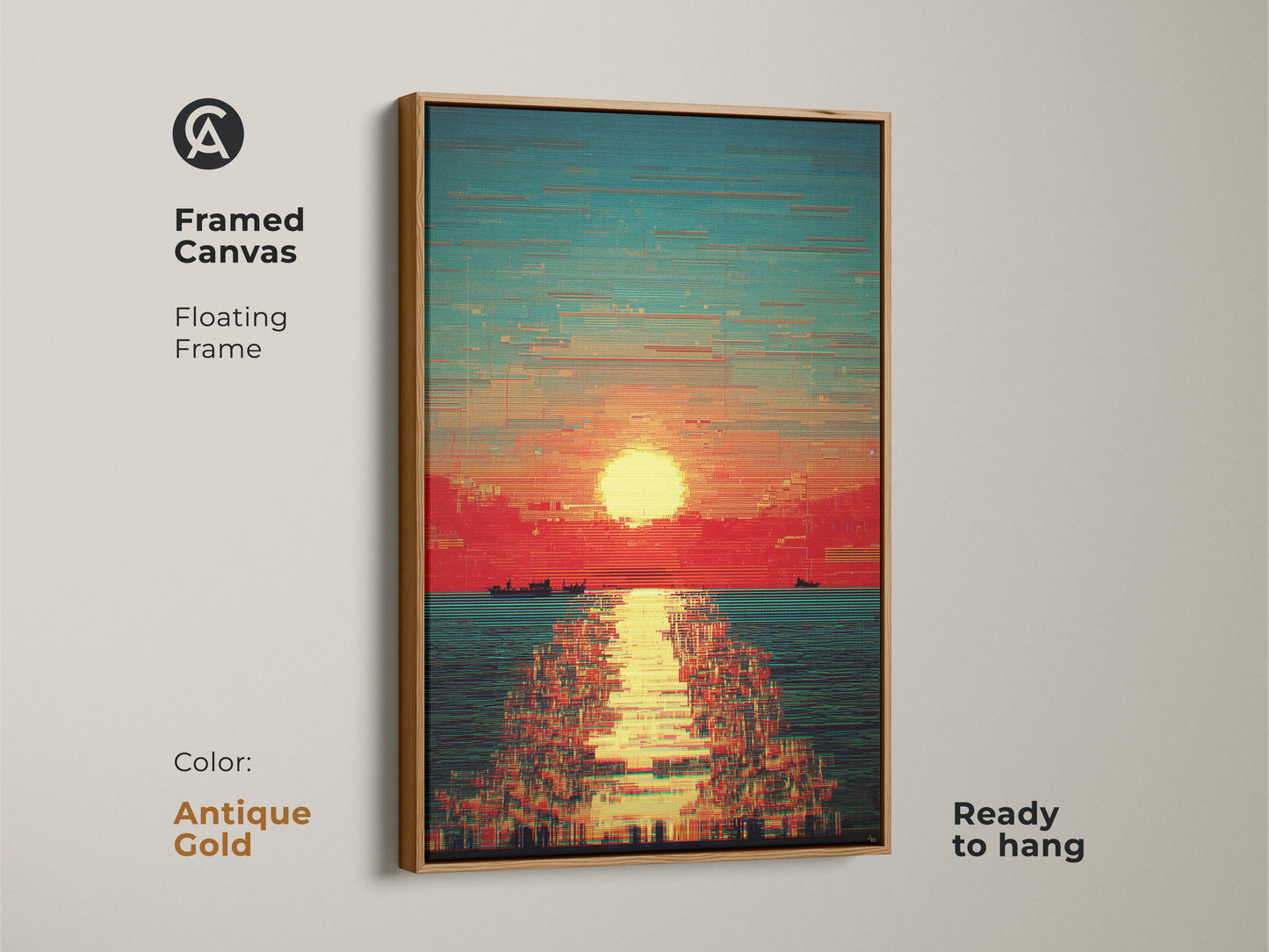 Antique gold framed canvas of a glitch art sunset seascape. The red orange and teal artwork shows abstract boats. This contemporary piece is ready to hang. Ideal for adding a vibrant touch to your home.