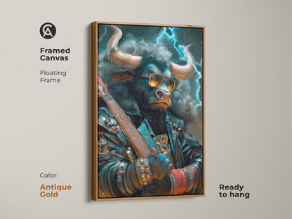A framed canvas artwork of a bull wearing sunglasses and a leather jacket. The bull is holding a guitar. The frame is an elegant antique gold floating frame and it is ready to hang. A unique art piece.