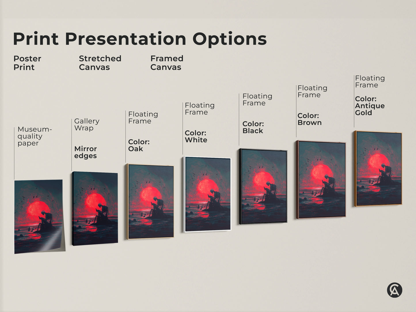 Explore print presentation options for skeleton artwork sitting by the ocean during a red moon. Choose from poster prints to stretched canvas and framed canvas. Options include black brown white and antique gold frames. Find the perfect style to match your decor. Shop now!