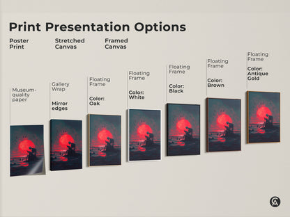 Explore print presentation options for skeleton artwork sitting by the ocean during a red moon. Choose from poster prints to stretched canvas and framed canvas. Options include black brown white and antique gold frames. Find the perfect style to match your decor. Shop now!