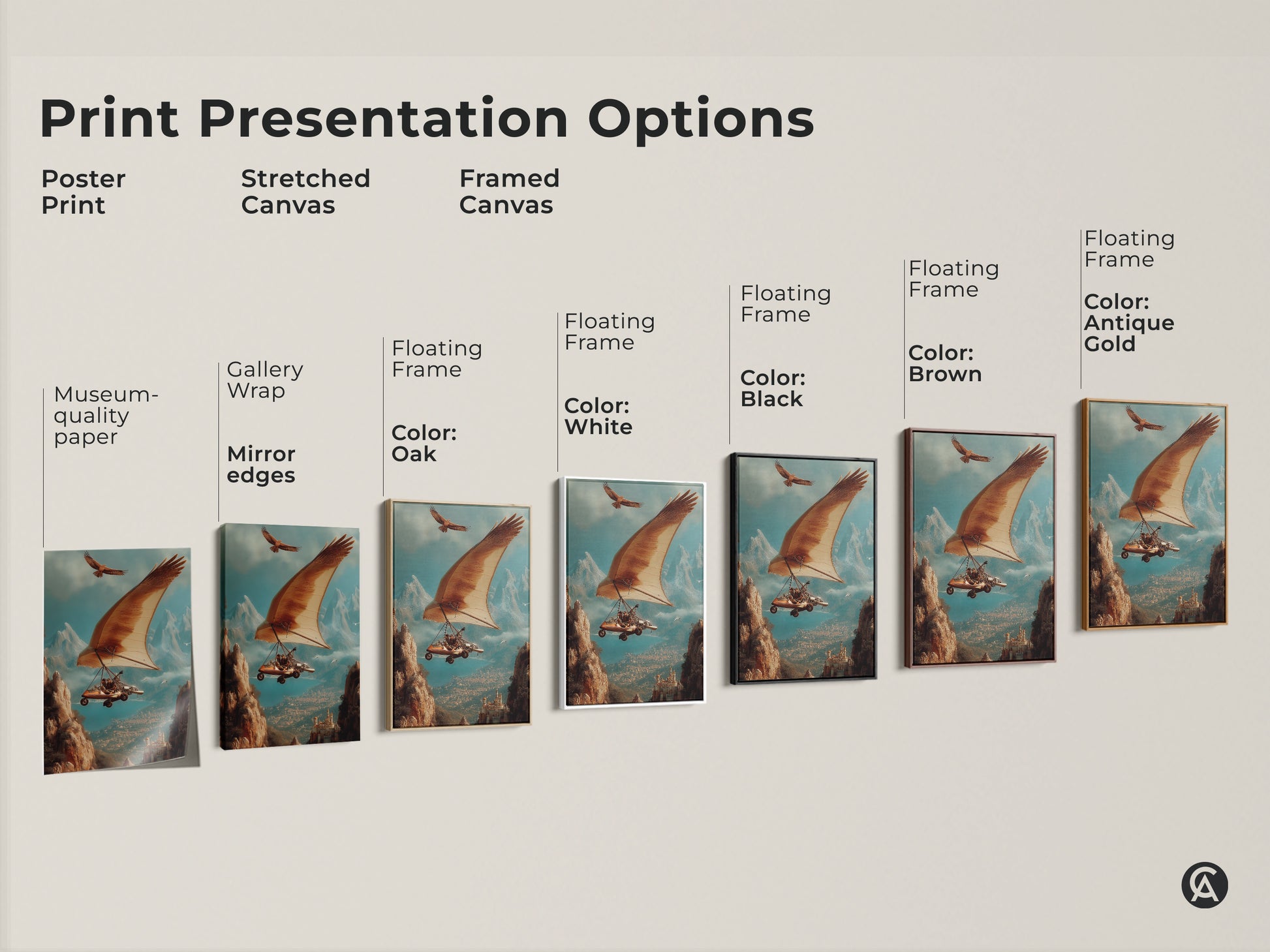 A size comparison featuring surreal hang glider art with an eagle. This art is a unique statement piece using brown blue and teal. Showcasing canvas and poster print sizes for wall art decor. Ideal eclectic living room art and office study wall decor.