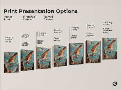 A size comparison featuring surreal hang glider art with an eagle. This art is a unique statement piece using brown blue and teal. Showcasing canvas and poster print sizes for wall art decor. Ideal eclectic living room art and office study wall decor.