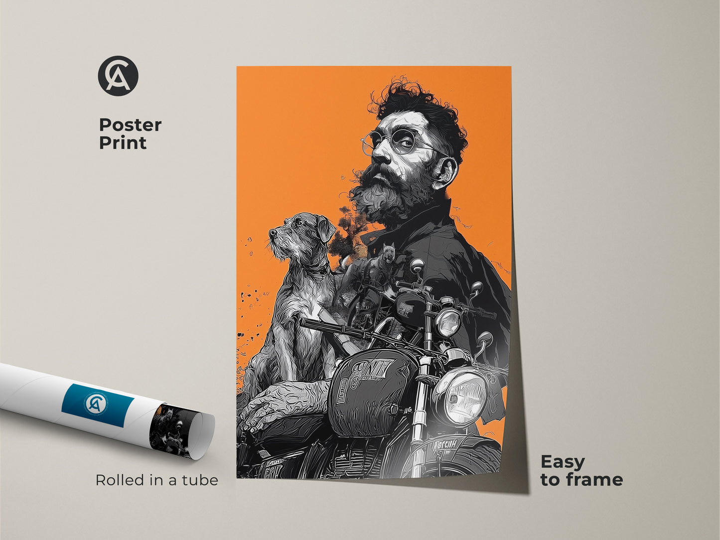 Poster print featuring retro artwork of a man and his dog on a motorcycle. This orange black and gray poster is easy to frame making it versatile for wall art. Ideal as a gift for biker lovers adds an eclectic touch to any room.