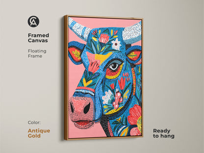 Framed canvas print of a floral bull artwork with an antique gold floating frame. The artwork is ready to hang. The antique gold frame adds a touch of elegance. This unique animal art is perfect for adding a touch of glam to any room. Buy now.