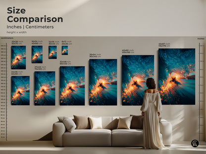 Compare sizes of our surfer artwork in inches and centimeters. See how the artwork featuring a surfer riding a blue wave at sunset fits in your space. Perfect for visualizing wall art placement above furniture.