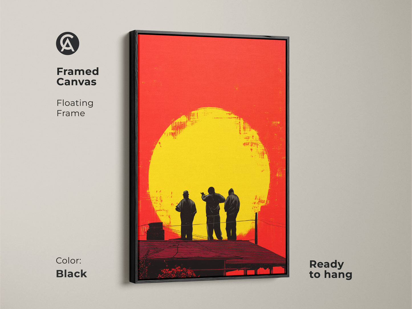 Framed canvas of urban rooftop figures. Floating frame in black showcases this retro pop art wall canvas. The sunset silhouette artwork is ready to hang and is a unique wall art piece.