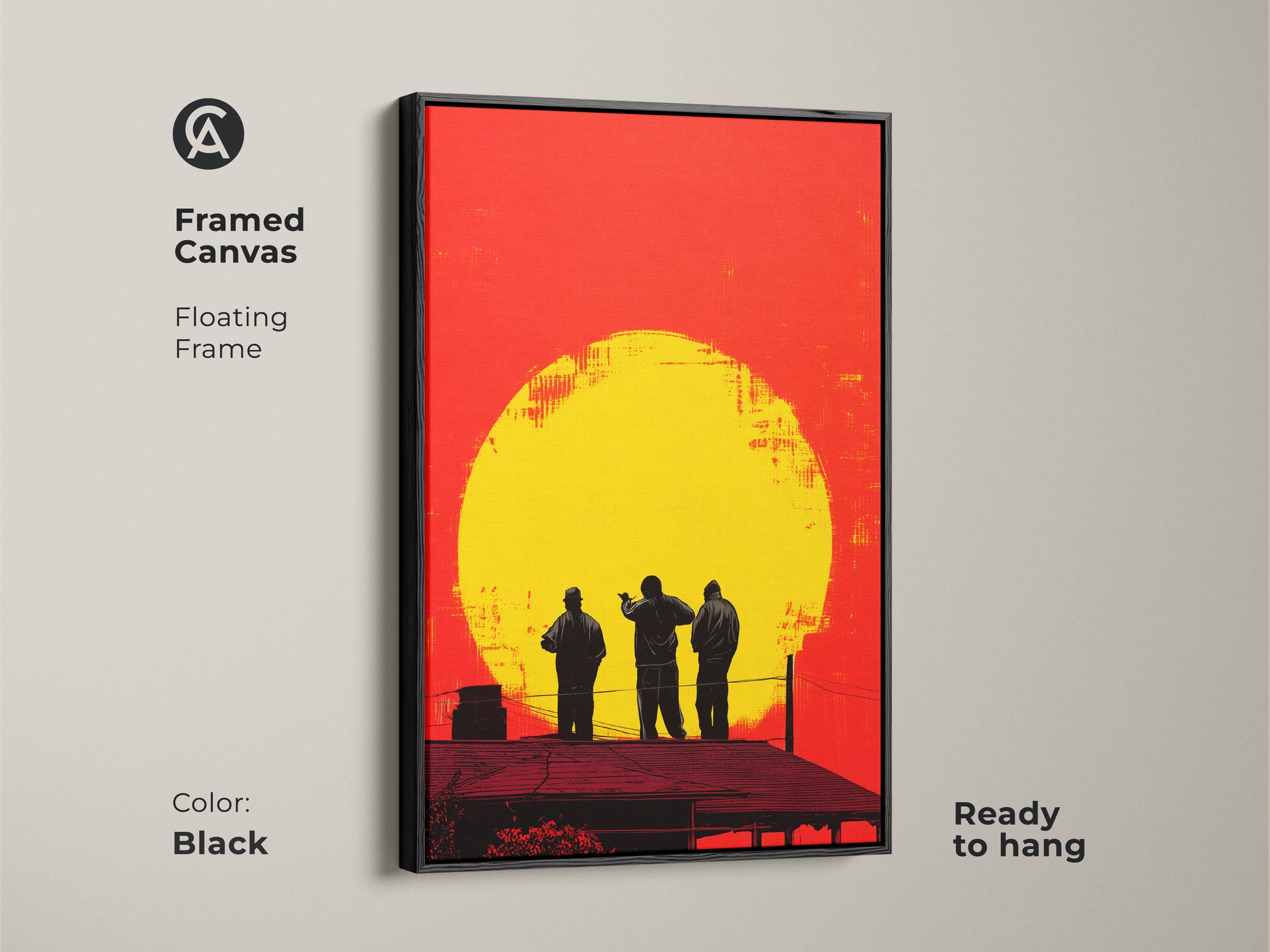 Framed canvas of urban rooftop figures. Floating frame in black showcases this retro pop art wall canvas. The sunset silhouette artwork is ready to hang and is a unique wall art piece.