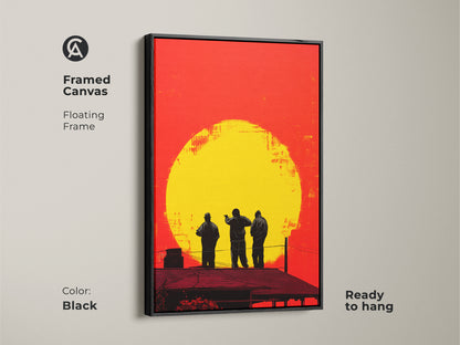 Framed canvas of urban rooftop figures. Floating frame in black showcases this retro pop art wall canvas. The sunset silhouette artwork is ready to hang and is a unique wall art piece.