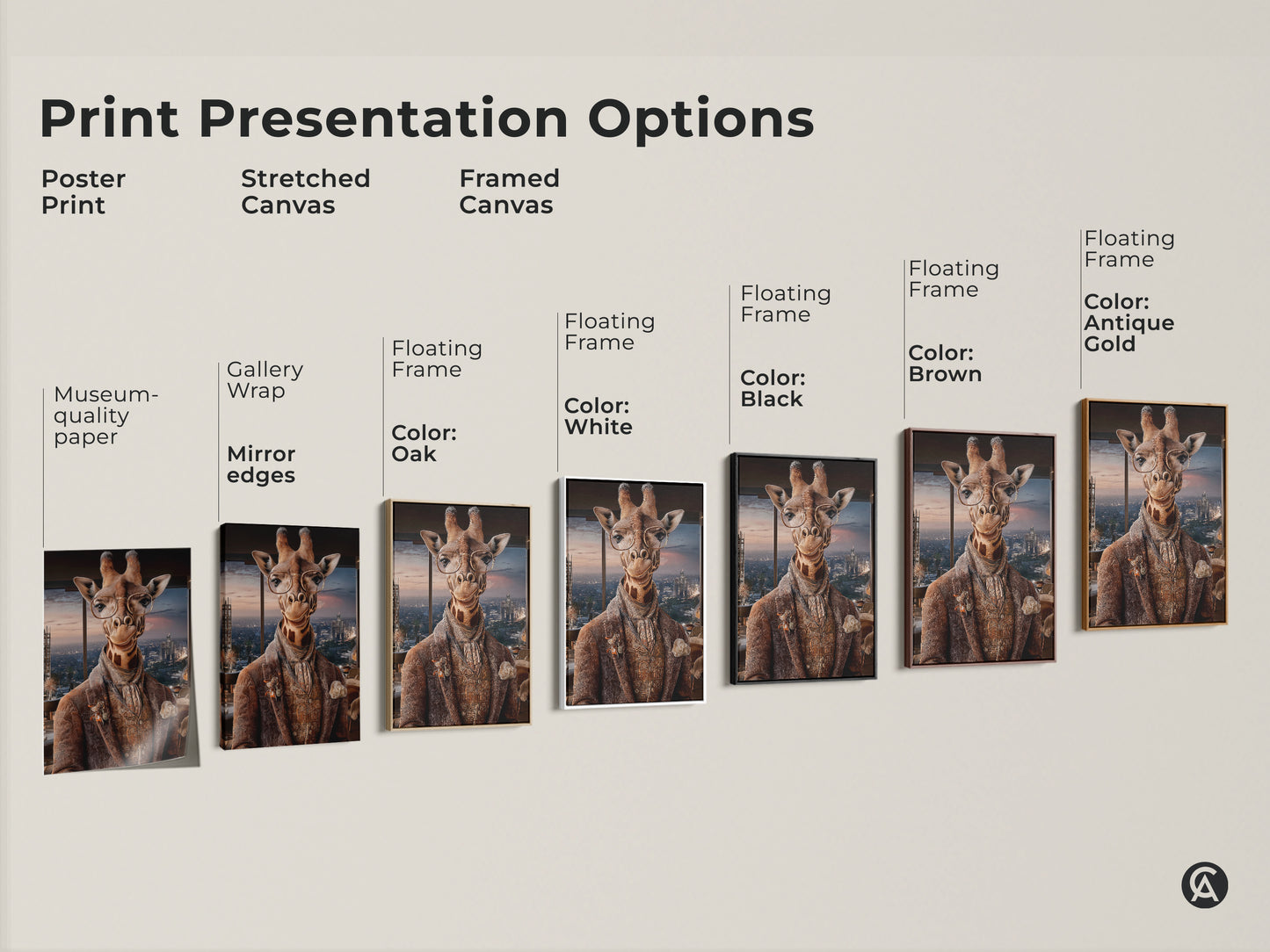 Print presentation options featuring museum quality posters. Stretched Canvas and Framed Canvas options. Floating frames available in black white brown and antique gold to match your style.