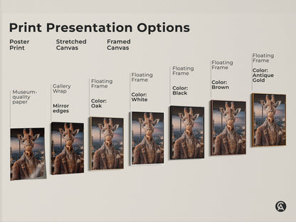 Print presentation options featuring museum quality posters. Stretched Canvas and Framed Canvas options. Floating frames available in black white brown and antique gold to match your style.
