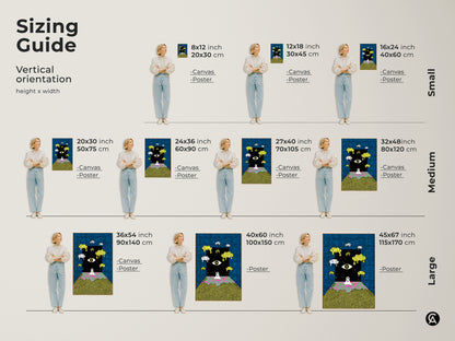 Sizing guide for vertical surreal eye canvas artwork and posters. Visualize sizes from small to large. Perfect psychedelic abstract art dimensions for bedroom or living room. Plan your eclectic wall decor with precision. Match art to your space seamlessly creating the perfect psychedelic touch