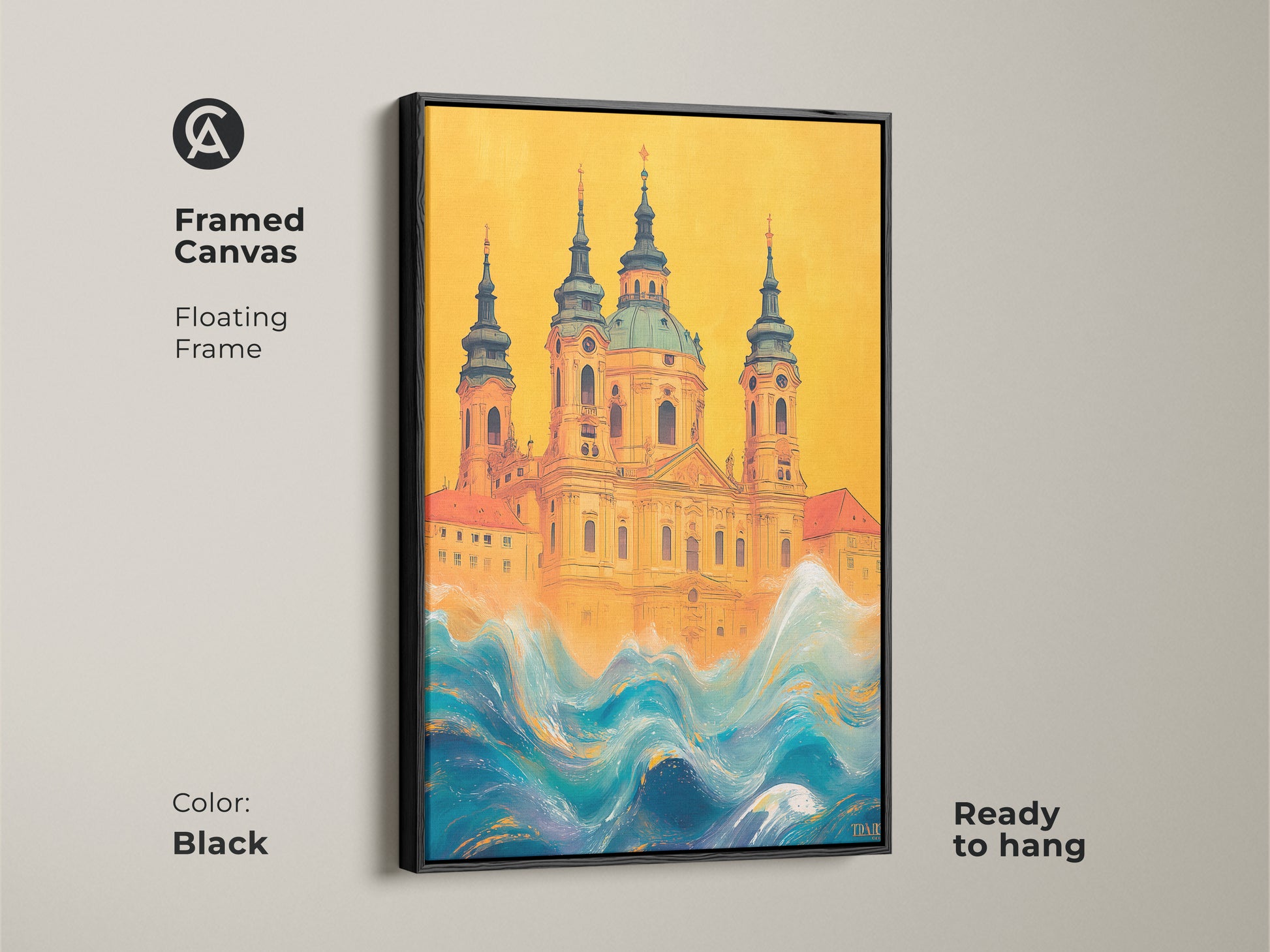 Framed canvas of a surreal church artwork with a black floating frame. The vivid yellow and blue waves canvas showcases eclectic building art. It arrives ready to hang. The architectural waves art makes a bold statement. Ideal for eclectic home decor or as a travel gift.
