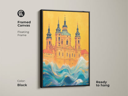 Framed canvas of a surreal church artwork with a black floating frame. The vivid yellow and blue waves canvas showcases eclectic building art. It arrives ready to hang. The architectural waves art makes a bold statement. Ideal for eclectic home decor or as a travel gift.