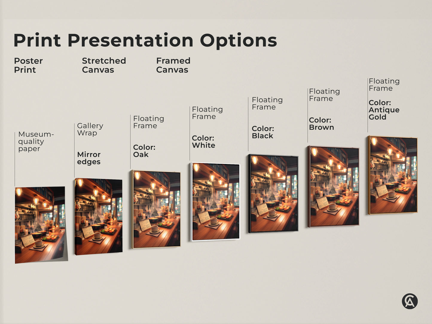 Explore print presentation options. See poster prints stretched canvas and framed canvas options. Each option displays the ramen bar art. Discover museum-quality paper and gallery wrap styles. Find the perfect wall art.