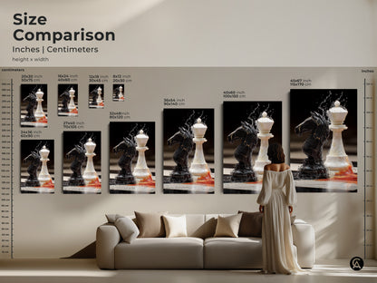 A size comparison featuring inches and centimeters illustrates the scale of the chess art. This black knight and white queen canvas print. Select your desired size for modern home office wall art creating a sophisticated space.