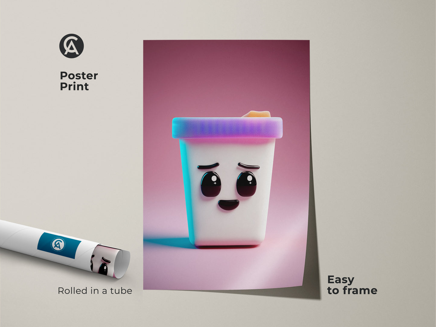 This is a poster print of Kawaii ice cream cone artwork. It features a cute cartoon face and modern abstract style. The easy-to-frame print is perfect for kids' wall art or a unique birthday gift.