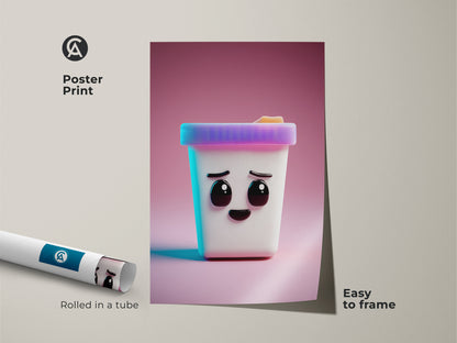 This is a poster print of Kawaii ice cream cone artwork. It features a cute cartoon face and modern abstract style. The easy-to-frame print is perfect for kids' wall art or a unique birthday gift.