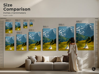 Compare sizes with this snowy mountain landscape canvas print. A woman in a white dress adds scale to the nature scenery artwork. Available in multiple sizes for both canvas and poster options. Find the perfect fit for your modern living room art. Enhance your contemporary home art with this ethereal nature wall hanging.