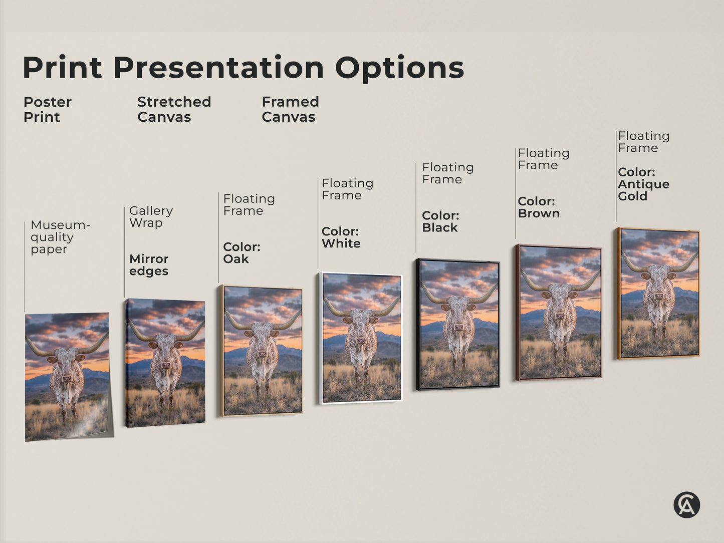 Explore print presentation options for longhorn canvas art. Choices include poster stretched and framed canvas. Each features a rustic western landscape. Find the perfect piece for your farmhouse wall art.