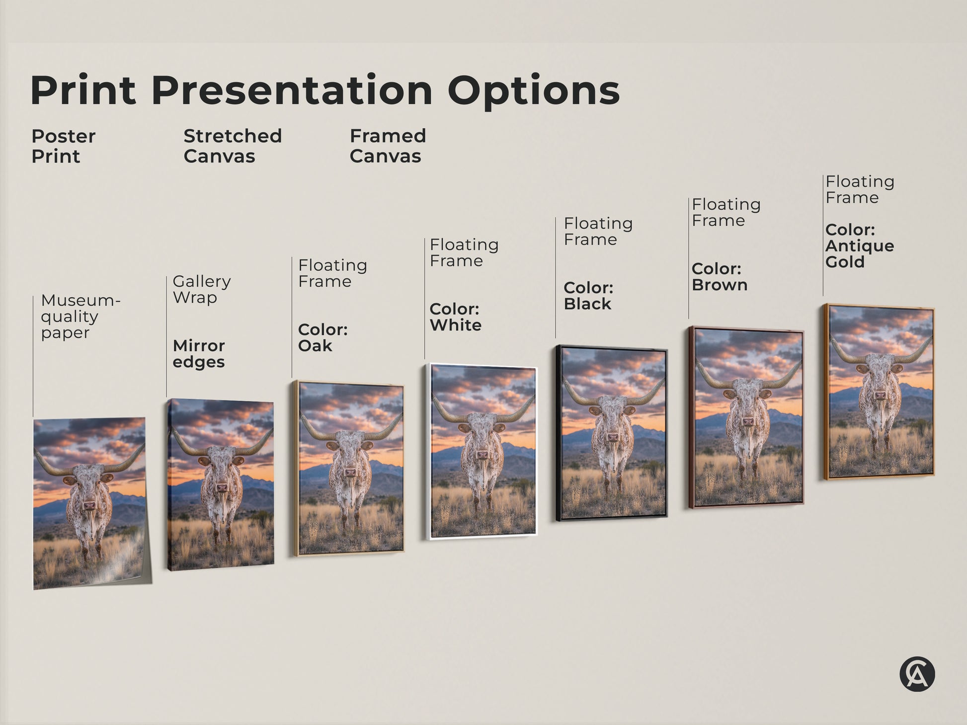 Explore print presentation options for longhorn canvas art. Choices include poster stretched and framed canvas. Each features a rustic western landscape. Find the perfect piece for your farmhouse wall art.