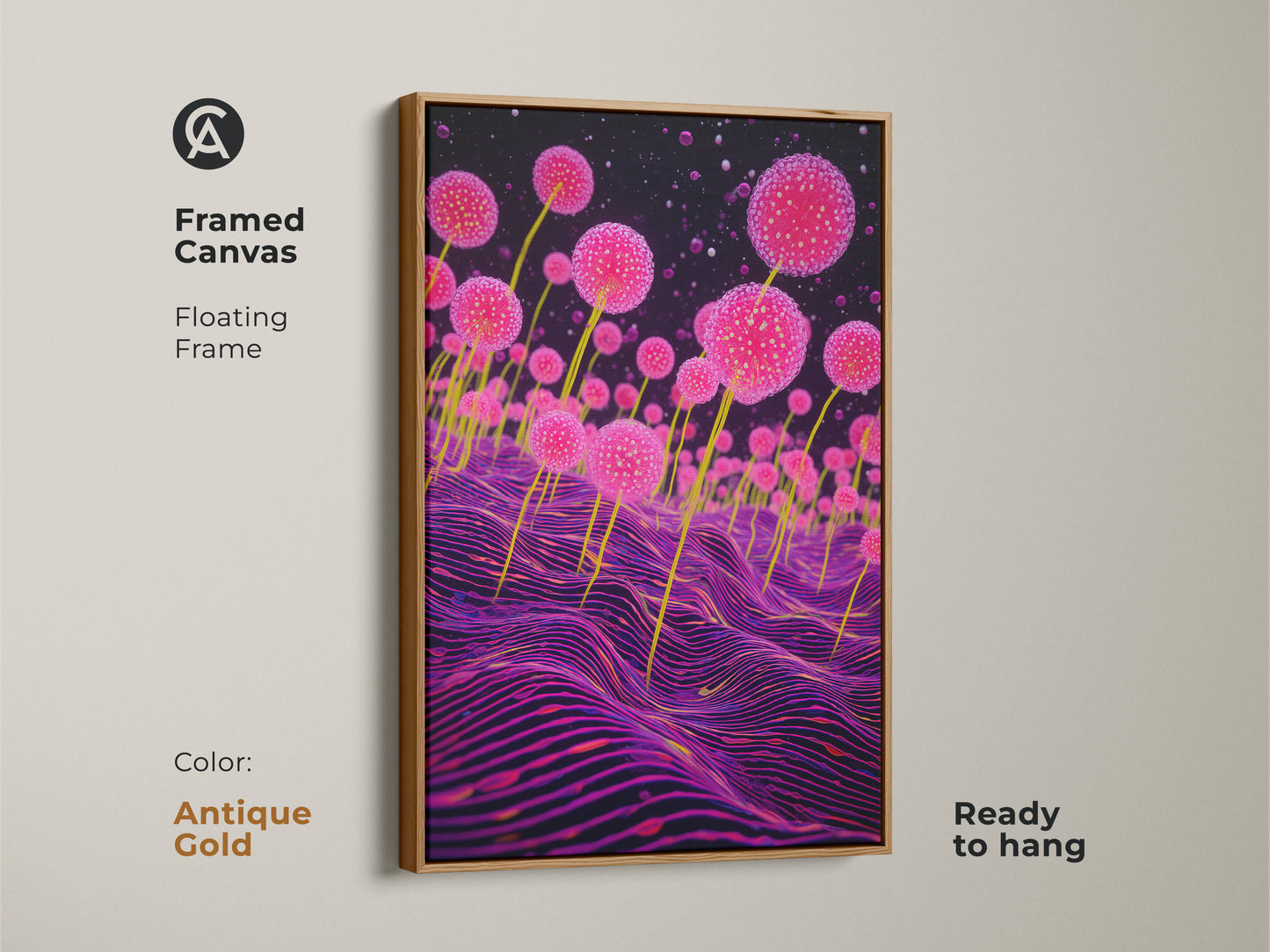 Framed canvas of fantasy plant decor. It displays surreal pink fungi and a wavy purple background. This abstract fungi painting has an antique gold floating frame. It is ready to hang. It is a captivating addition to your eclectic bedroom.