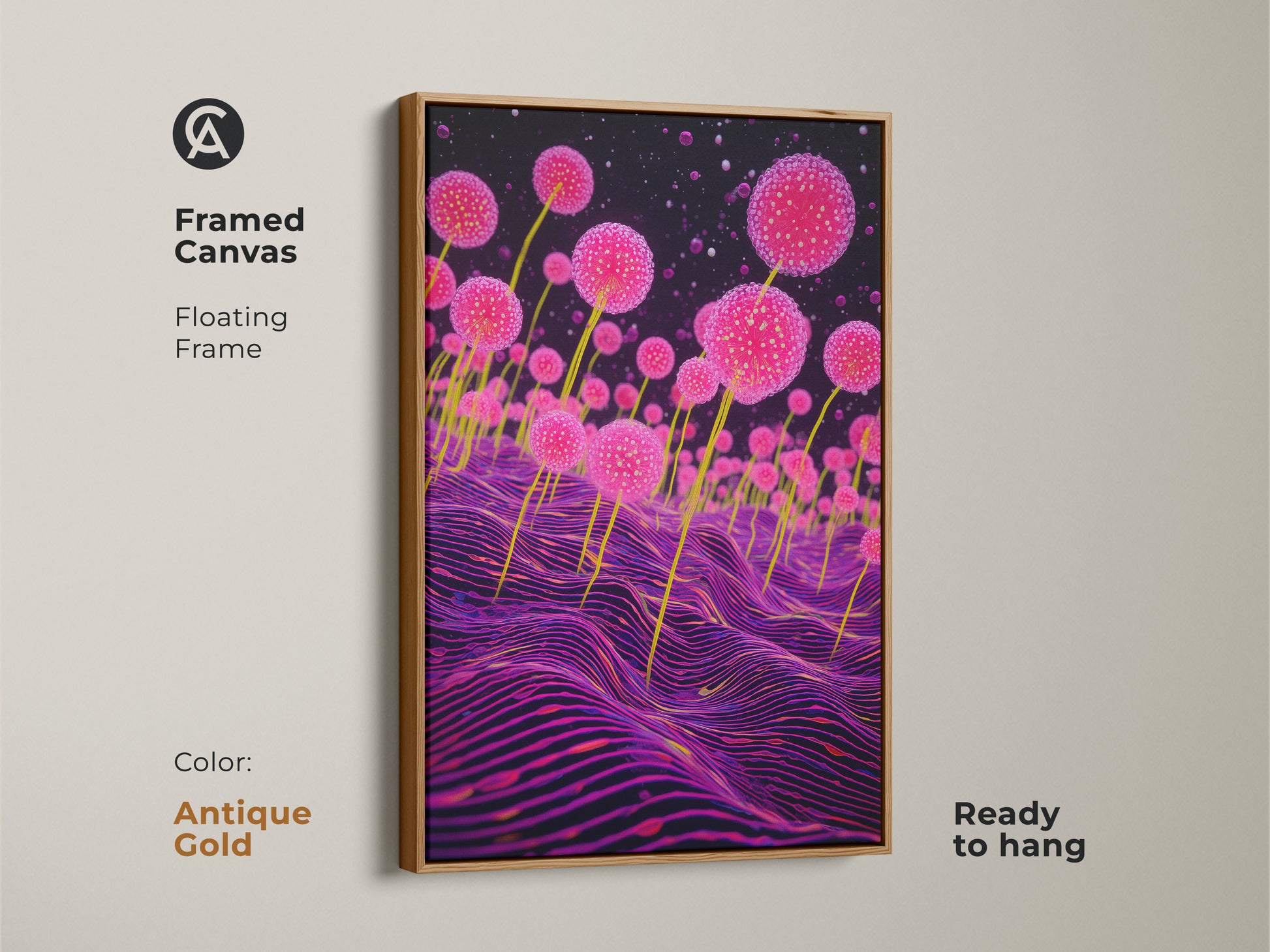 Framed canvas of fantasy plant decor. It displays surreal pink fungi and a wavy purple background. This abstract fungi painting has an antique gold floating frame. It is ready to hang. It is a captivating addition to your eclectic bedroom.